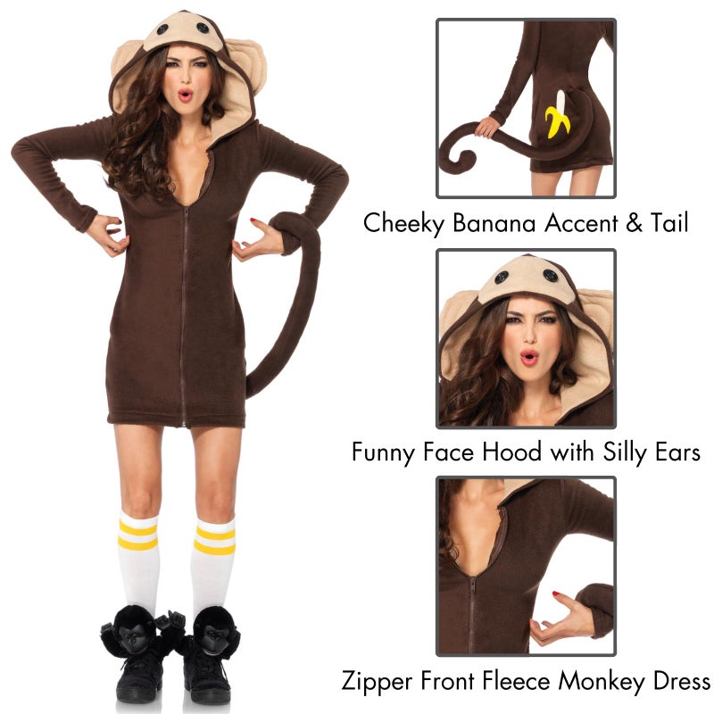 Leg Avenue Cozy Monkey Hooded Fleece Dress with Tail-Cute Halloween Costume Onesie for Women, Brown, Large - Image 2